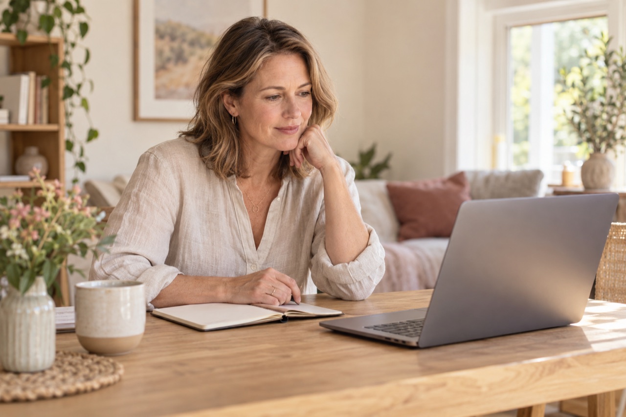 Illustrative portrait of a woman reviewing information on a laptop at home